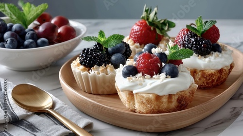 Crispy waffle cups with yogurt and fresh berries, sprinkled with coconut chips