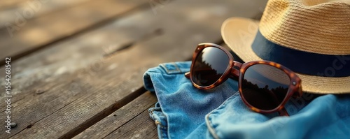 Wallpaper Mural Stylish sunglasses rest on a casual outfit laid out on a rustic wooden surface Relaxed summer fashion, ready for adventure , beach, daytime Torontodigital.ca