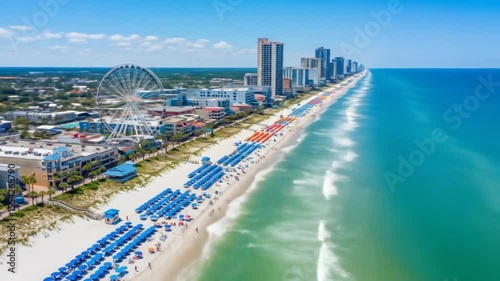Myrtle Beach aerial view featuring the SkyWheel, beach umbrellas, and ocean waves
