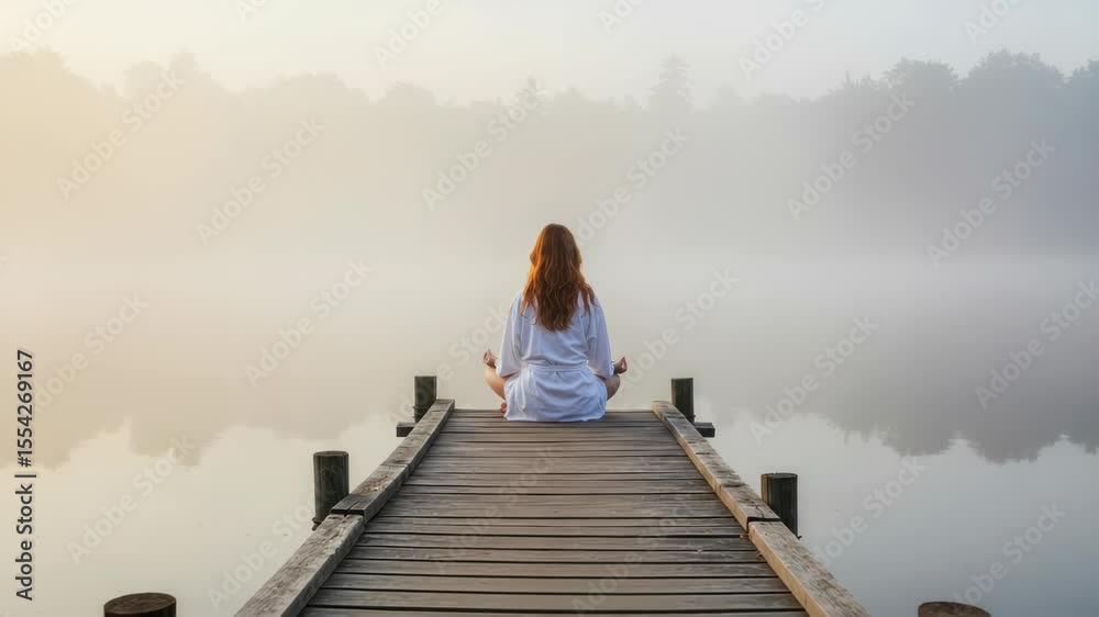 Serene woman practicing yoga on a wooden pier amidst misty lake landscapes for meditation moments Serene woman practicing yoga on a wooden pier amidst misty lake landscapes for meditation moments