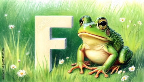 Letter of the English alphabet F next to a frog. Illustration for a children's book about the alphabet with animals. A card for teaching letters to babies