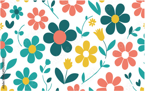 Vibrant Retro Floral Pattern on white Background