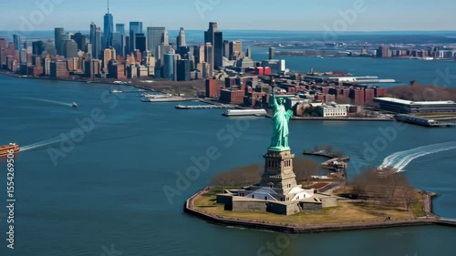 New york city skyline and statue of liberty aerial view