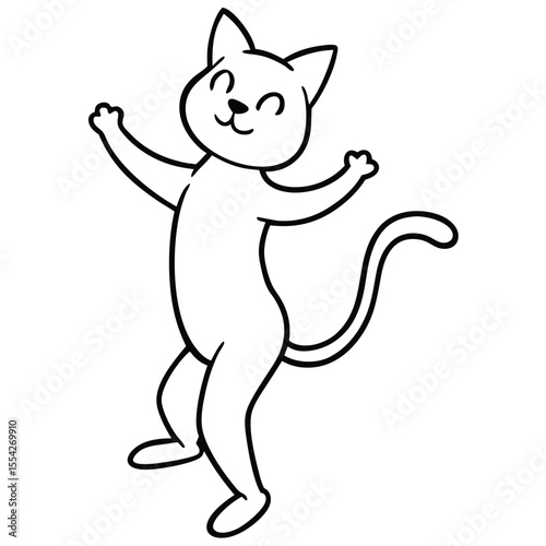 Happy cartoon cat dancing with joy and excitement on white background