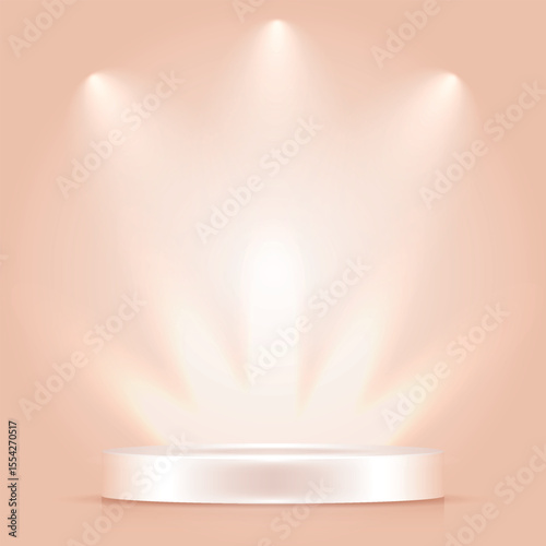 Cosmetic background with empty beige podium and soft lighting. Vector 3D illustration.