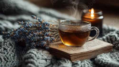 Relaxing setup with steaming herbal tea, lit candle, and open book laid on a soft cozy blanket, great for wellness, reading time, or comforting lifestyle imagery