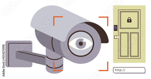 Surveillance camera focusing on a secured door with a smart lock, biometric scanner, and web URL bar. Ideal for security, privacy, technology, IoT, access control, digital monitoring simple landing