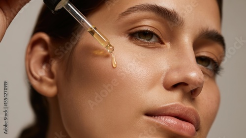 Young caucasian female applying facial oil with dropper for skincare routine