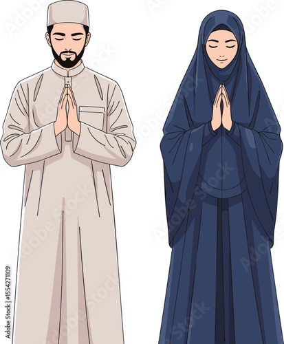 Muslim couple praying, Islamic clothing, traditional attire, man and woman worship, peaceful prayer pose, religious illustration, spiritual devotion, hijab and thobe, cartoon vector