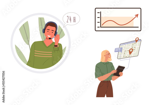 Male agent with headset offering 247 support, woman checking digital map on tablet, and upward business graph. Ideal for customer assistance, navigation, business growth, service process