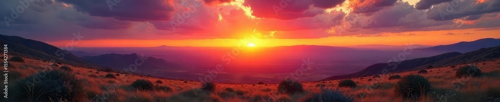 Obraz premium A breathtaking panoramic vista of a vast, unexplored landscape stretching to the horizon under a vibrant sunset sky Endless possibilities and adventure await in this untouched wilderness , calm, view