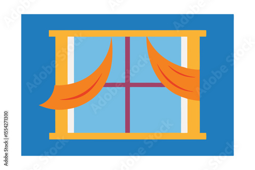 Cartoon Window with Flowing Curtains and Breeze