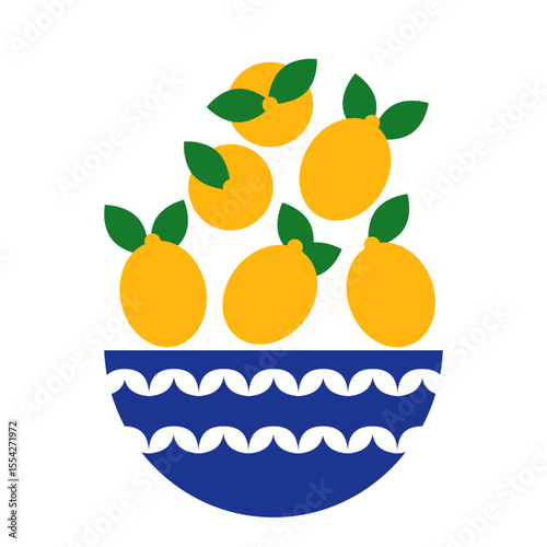 Vase with lemon drawn with simple shapes. Vintage Mediterranean bowl filled with lemons. Blue bowl, fancy Italian tableware. Perfect for kitchen decor, menu, packaging, pattern, card, poster design.