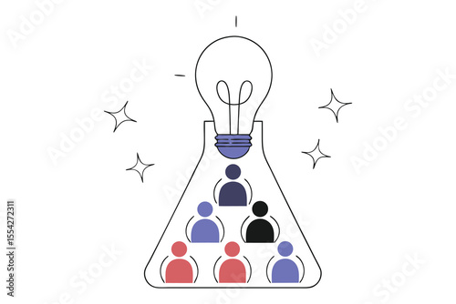 Team members as particles inside a catalyst chamber generating bright business ideas light bulbs in a reaction