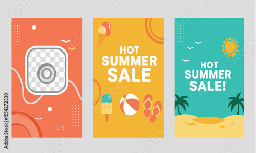 Fun and colorful summer vector set with triple layout, ideal for social feeds, product showcases, or digital shop ads