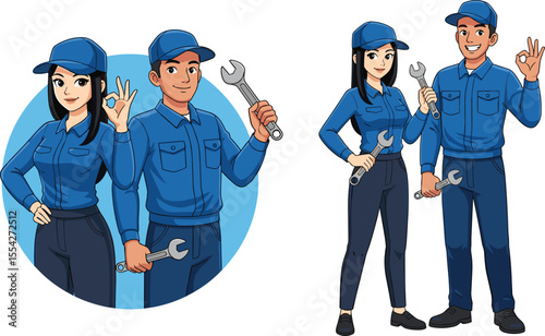 Cartoon mechanic characters, male and female workers, holding tools, wearing uniforms, service technicians, professional repair team, smiling technicians illustration, maintenance staff clipart, 