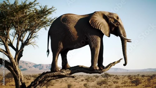 Surreal African elephant balancing on a fragile tree branch in a wide savanna landscape, impossible nature concept