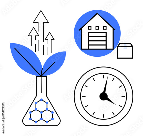 Laboratory flask with plant and upward arrows, warehouse with box, and clock suggest innovation, sustainability, logistics, growth, productivity, efficiency, and time management in simple flat