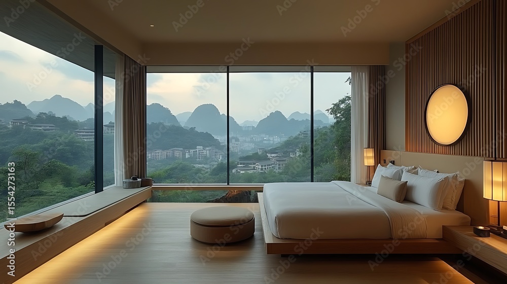 Fototapeta premium Modern bedroom with mountain view interior design