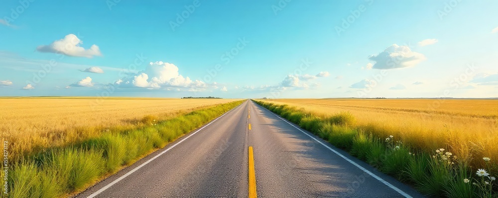 Fototapeta premium A long, empty country road stretches into the distance, flanked by tall grass and wildflowers under a vast, clear sky Perfect for themes of solitude, travel, and rural life , sun, winding road