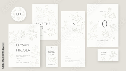 Elegant wedding set. Hand drawn gypsophila of twigs. Place cards, wedding invitation, table number, save the date, thank you card, menu, sticker.