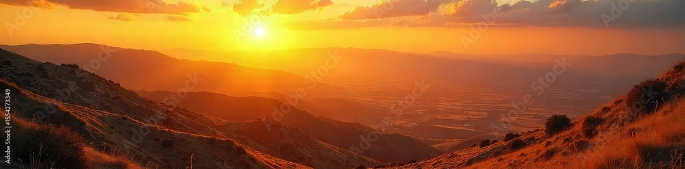 Naklejka premium A majestic sunrise over the hills of Israel, bathed in golden light, symbolizing the divine presence and connection between the land and its spiritual heritage , god, spiritual