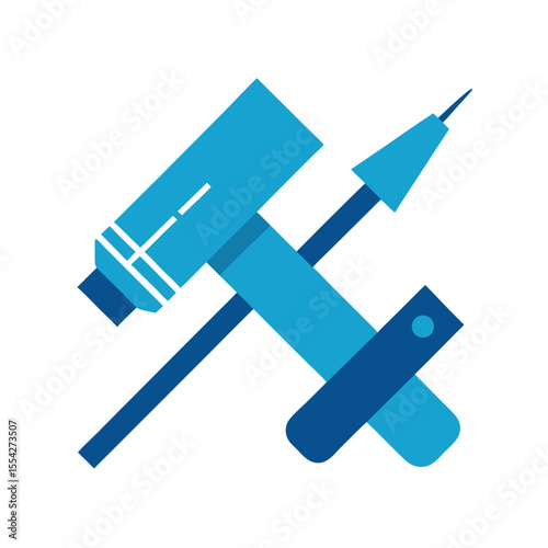 Crossed Drill and Paintbrush on Blue Background Vector