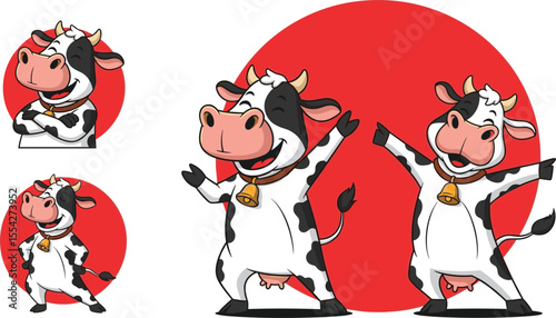 Cartoon cow character, happy dairy mascot, funny farm animal, cute standing cow, smiling livestock illustration, cow with bell, black white cow pose