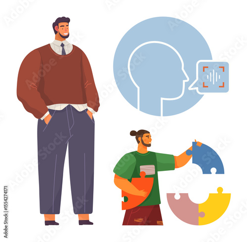 Confident man stands beside team member connecting puzzle pieces. Profile silhouette with a face-scanning element emphasizes digital identity. Ideal for teamwork, strategy, analysis, innovation, AI