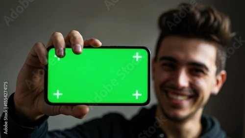 Smiling Young Man Holding Smartphone presenting Green Screen 4K perfect for inserting custom app visuals or promotional content