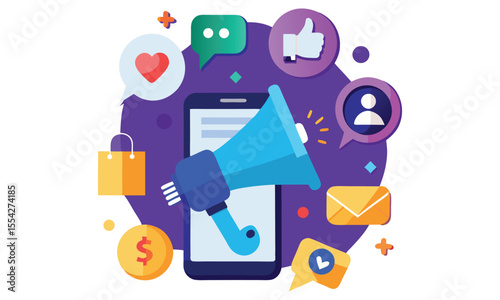 Digital marketing and advertising concept with a megaphone on a smartphone surrounded by social media icons and shopping bag symbolizing online promotion and engagement