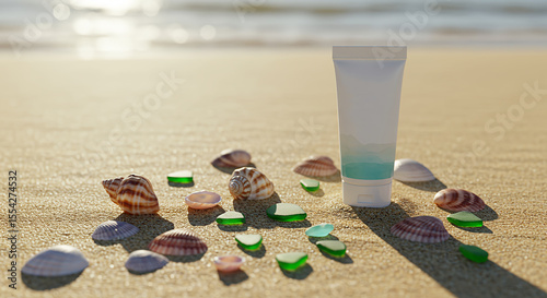 Tube mockup among shells and sea glass on sandy beach  