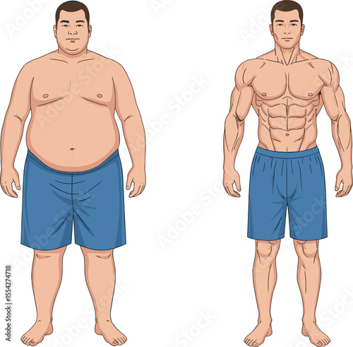 Before and after body transformation, male fitness evolution, flat vector style, weight loss comparison, gym training result, cad drawing