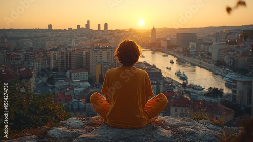 Person meditating overlooking city skyline at sunset