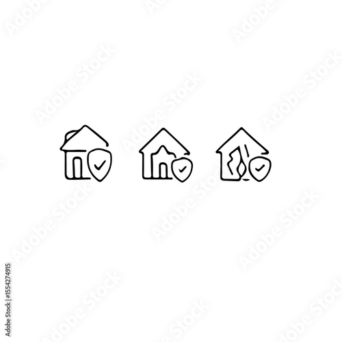 Three house icons showing security and fire protection in a simple design style