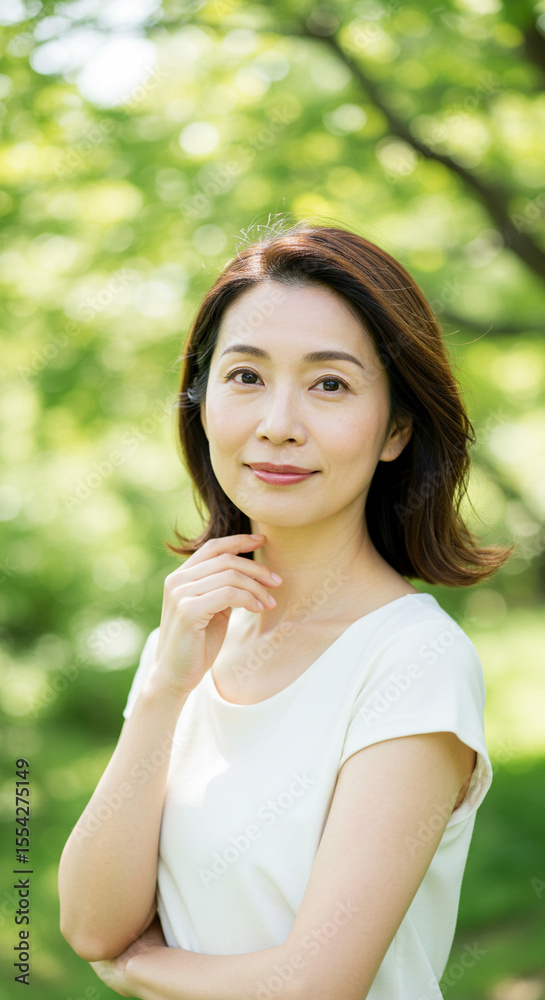 緑に囲まれた優しい笑顔の日本人女性、ナチュラルスキンケア・ボタニカルビューティー、美容イメージ、40代〜50代 緑に囲まれた優しい笑顔の日本人女性、ナチュラルスキンケア・ボタニカルビューティー、美容イメージ、40代〜50代