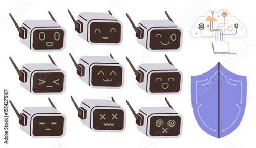 Robots with diverse emotive faces, a blue shield denoting security, and a cloud-linked laptop. Ideal for innovation, AI, emotions, robotics, cybersecurity technology cloud computing. Simple flat