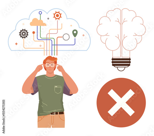 Man touching glasses stands under a cloud of ideas with interconnected lines and symbols, next to a brain-style bulb and a cross. Ideal for innovation, decision-making, problem-solving