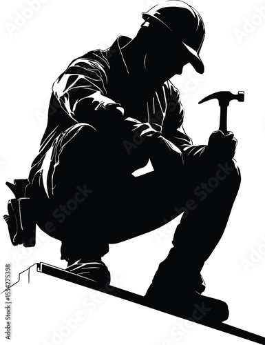 Silhouette of Construction Worker Kneeling with Hammer – Monochrome Illustration of a Roofer or Tradesperson in Action for Labor Day, Industry Graphics, and Worker Appreciation Designs