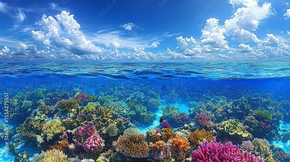 Naklejka premium Coral reef underwater scene with clear blue water and sky