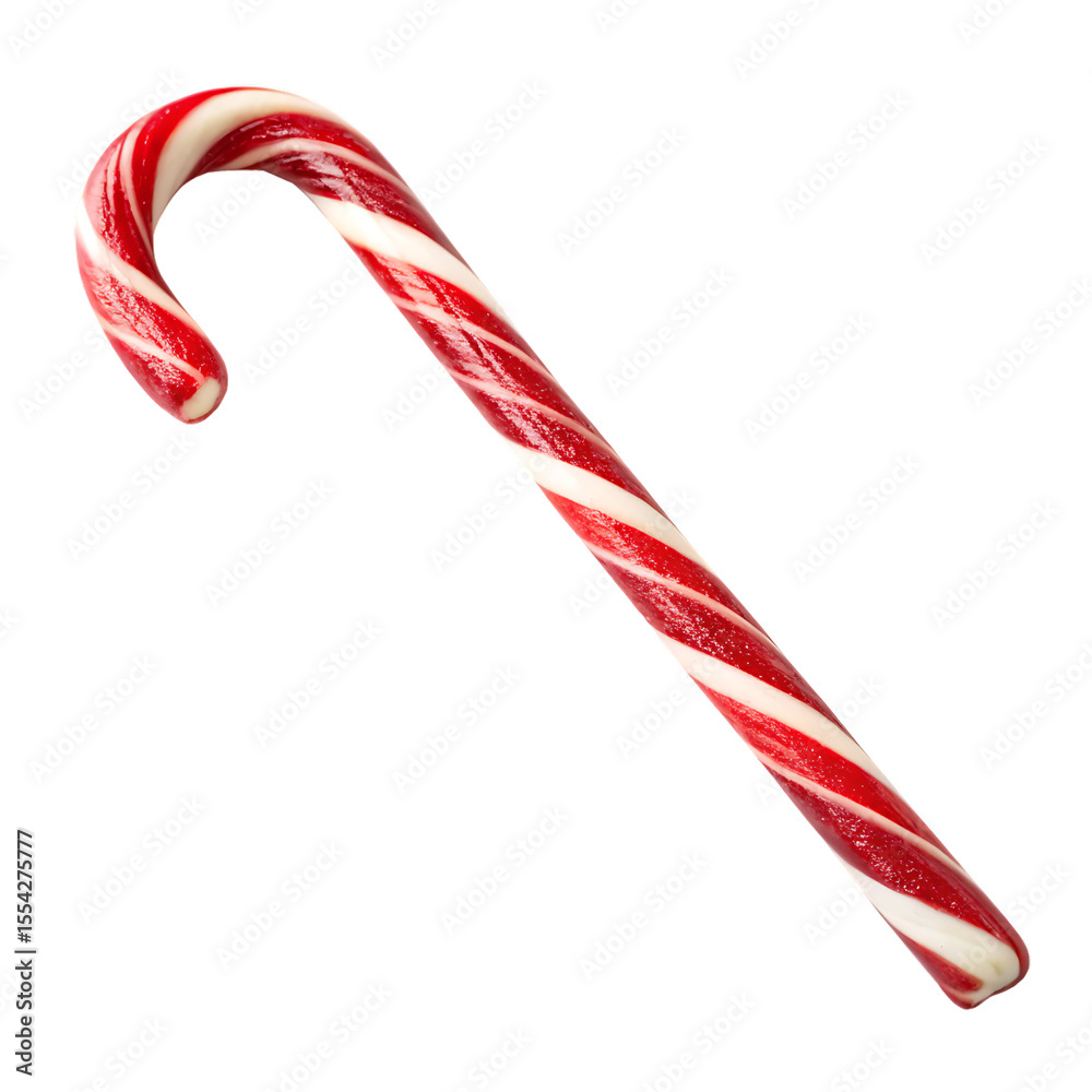 Fototapeta premium A traditional red and white striped candy cane, a christmas sweet treat isolated on a transparent background png