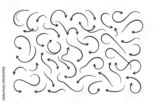 Hand-Drawn Arrow Collection: A diverse array of hand-drawn arrows, each unique in its shape and direction, perfect for illustrating concepts of movement, direction, or choice. 