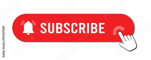 Subscribe Button Hand Click and Bell Icon Red in Vector Style
