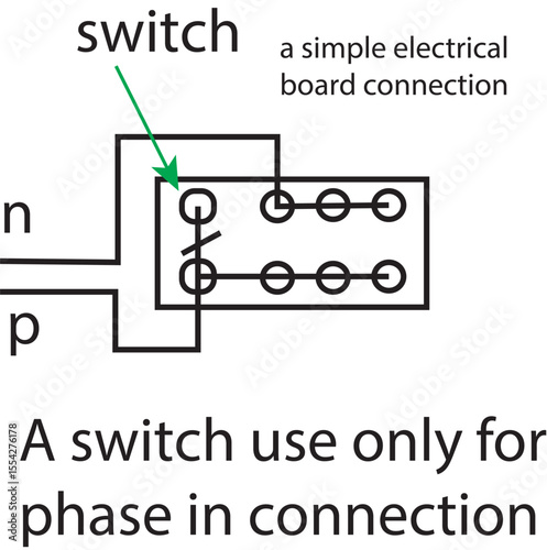 High Quality Vector Illustration of Electrical Wiring Board with Switch and Three Sockets, Detailed Phase and Neutral Connection Diagram for Home and Industrial Electrical Installation"