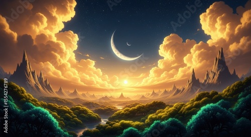 Majestic fantasy landscape with crescent moon and glowing clouds