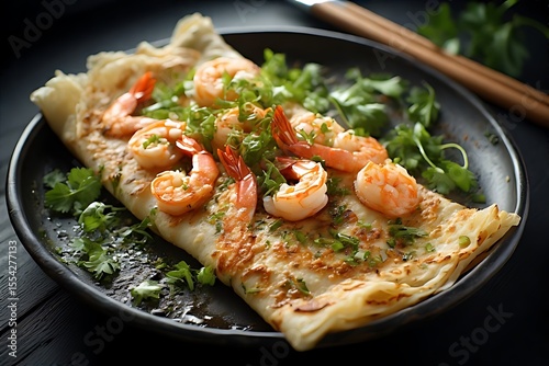 Banh Xeo rice crepe with shrimp and herbs