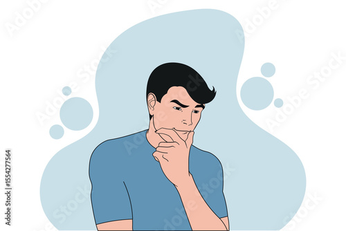 Vector illustration of a thoughtful man, hand on chin, representing problem-solving, thinking, and decision-making, set against a light abstract background, portraying contemplation and cognitive proc
