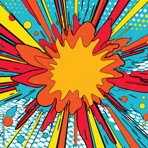 Dynamic pop art explosion featuring bold splashes of red, yellow, and blue. The energetic and colorful composition evokes excitement and creativity, reminiscent of retro comic book aesthetics and mode
