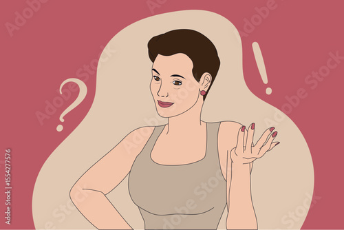 Illustration of a woman wearing casual attire with a questioning expression and expressive symbols, suggesting curiosity and self-assuredness.