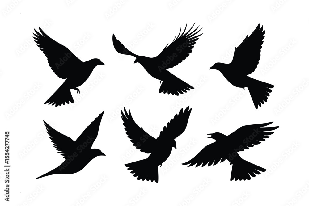 Fototapeta premium soaring silhouettes: A stunning display of birds in mid-flight, creating a sense of freedom and elegance. Ideal for themes related to travel, nature, and the spirit of adventure.
